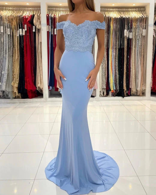 Vestido Weitese azul de fiesta largo de sirena con hombros descubiertos y encaje
